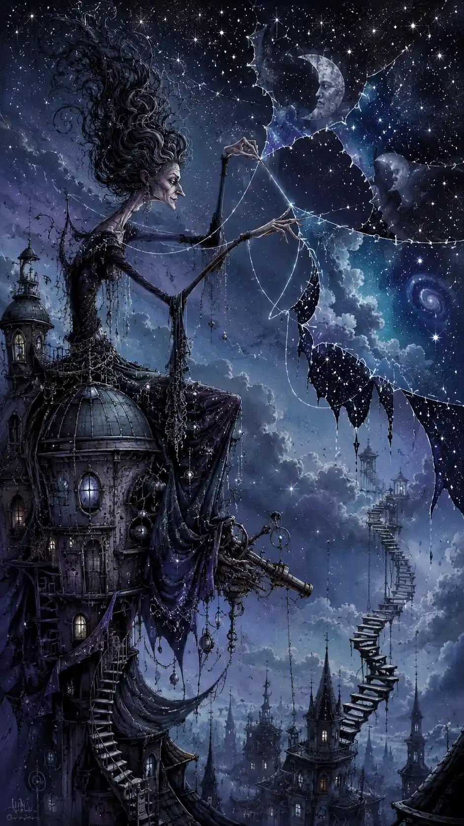 Sorcière excentrique cousant le ciel nocturne au-dessus d'une tour bancale