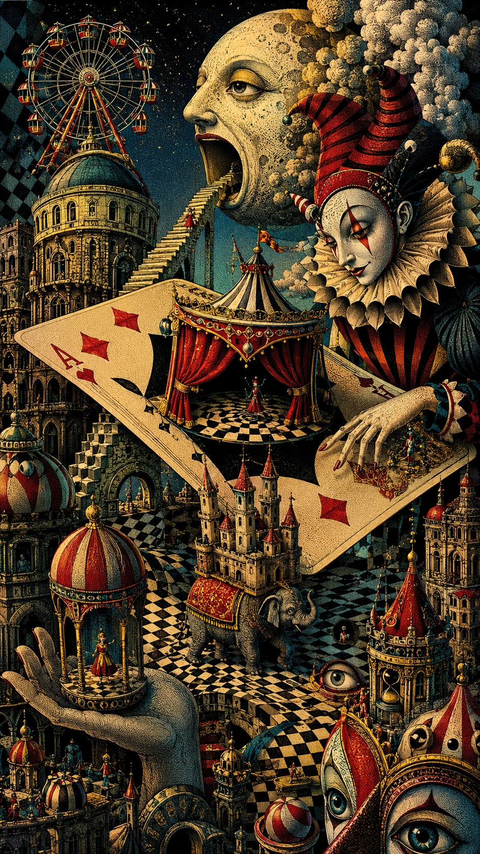 Pequeña noria que se alza sobre edificios de feria surrealistas