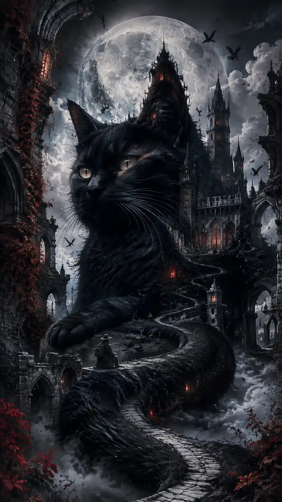 Chat Noir se Fondant dans un Château Gothique au Clair de Lune