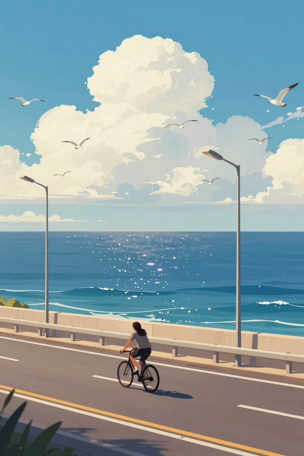 Cyclist On Sunlit Coastal Highway Beneath Vast Blue Ocean