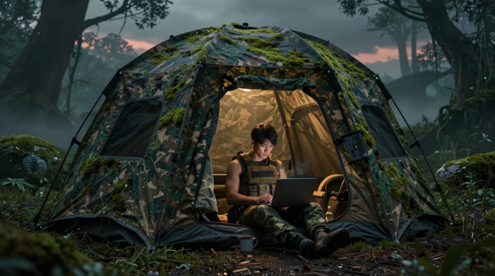 Acampamento camuflado na selva com soldado usando laptop à noite