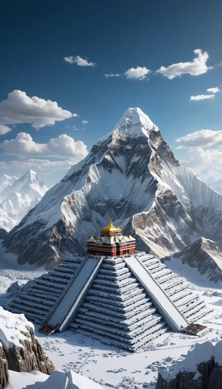 Monte Everest de Lego sob uma mão divina ao longe