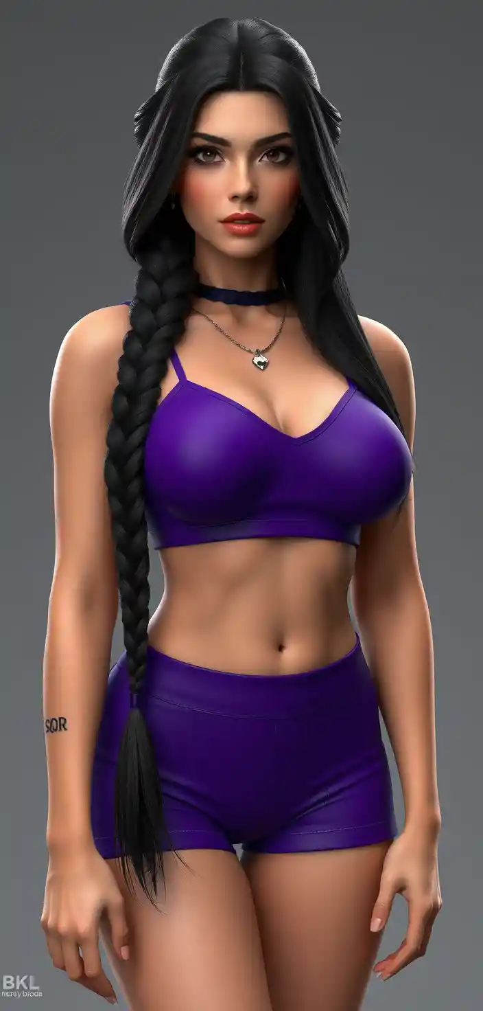 Edle Schwarzhaarige in lila Crop-Top und Shorts