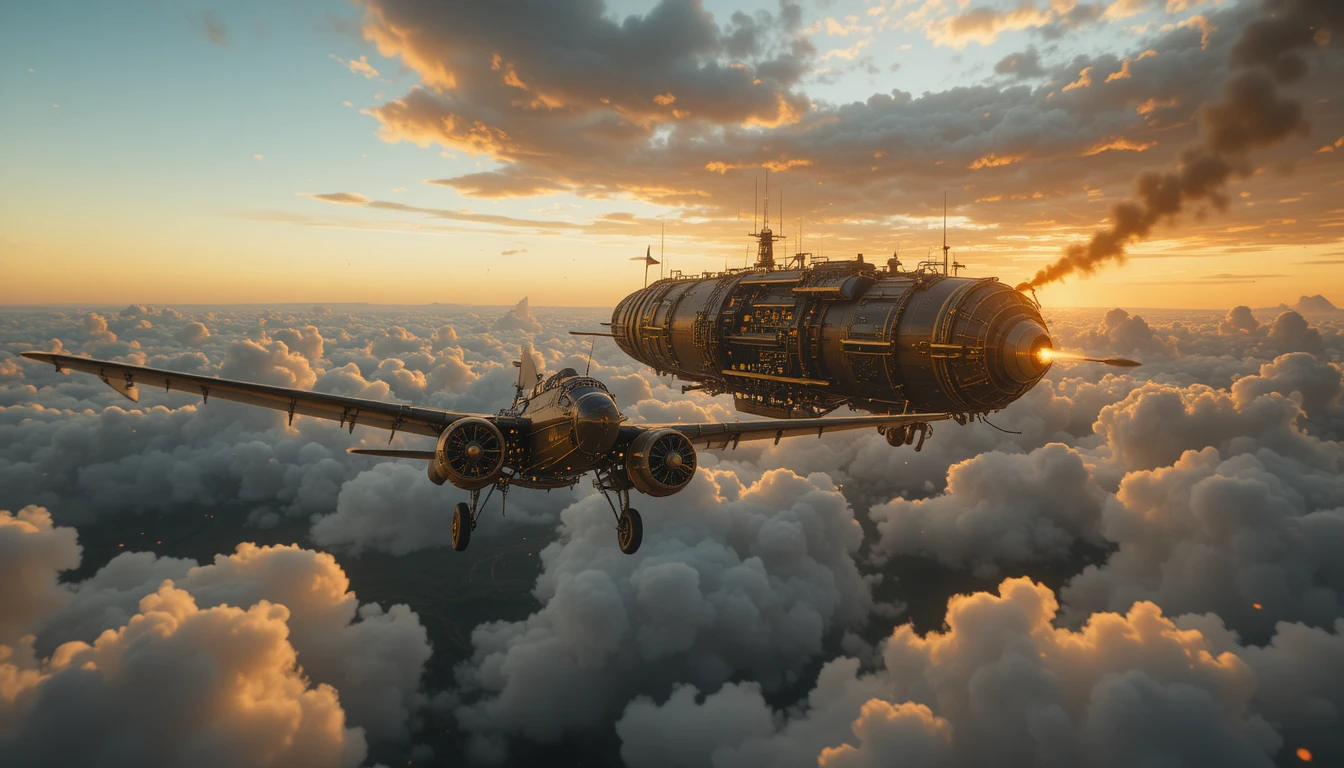 Perseguição de dirigíveis steampunk sobre um mar de nuvens douradas ao pôr do sol