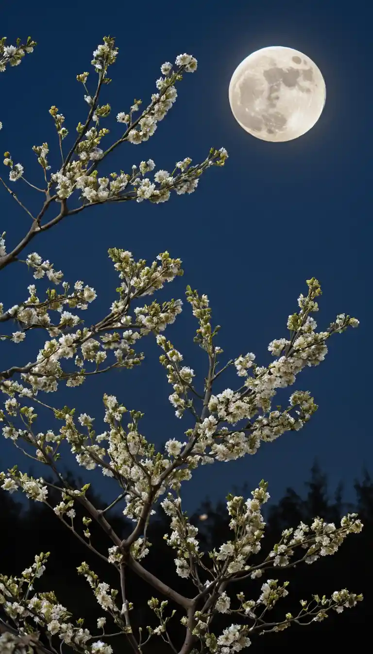 Flores de ameixeira azuis brilhando sob uma grande lua cheia