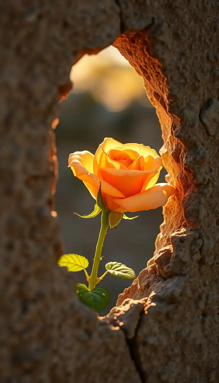 Einzelne pfirsichfarbene Rose, die durch eine raue Steinmauer blüht