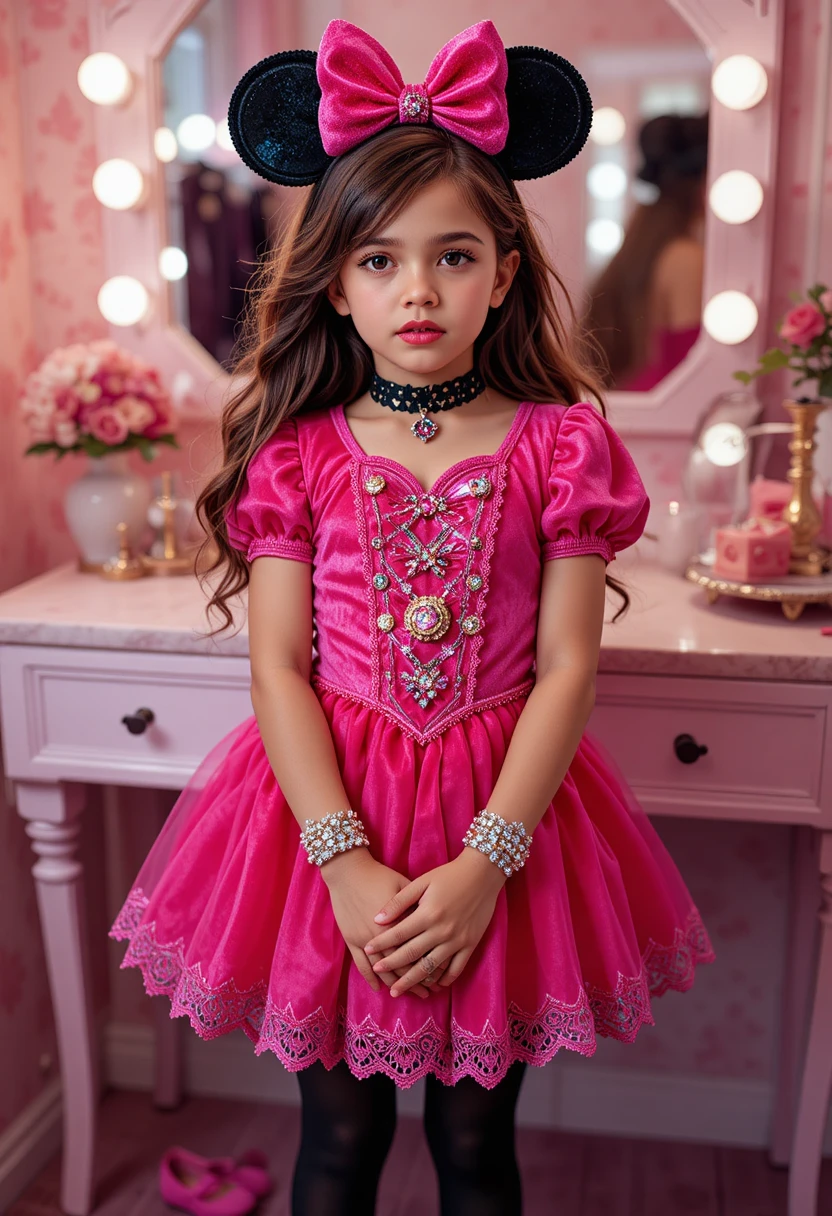 Menino pré-adolescente de princesa posando em penteadeira rosa