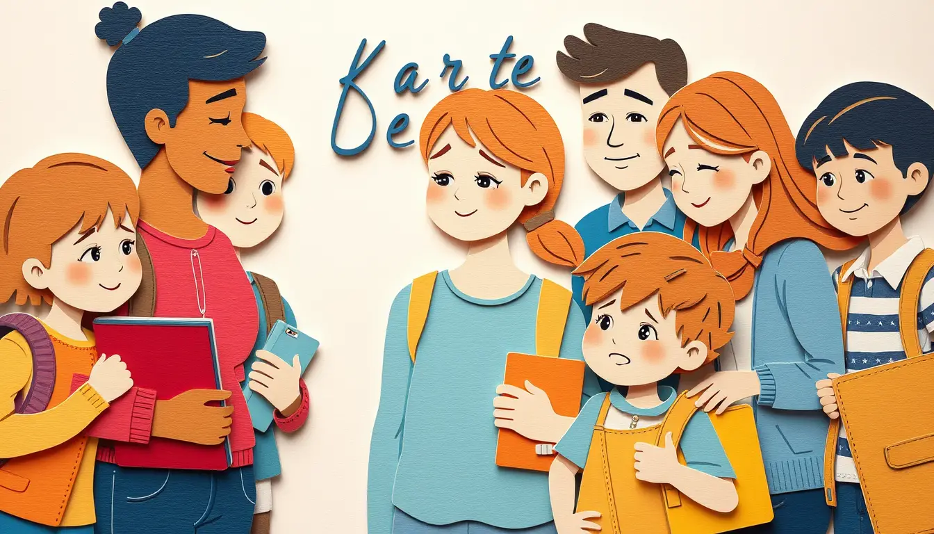 Pais e filhos na volta às aulas em estilo recorte de papel
