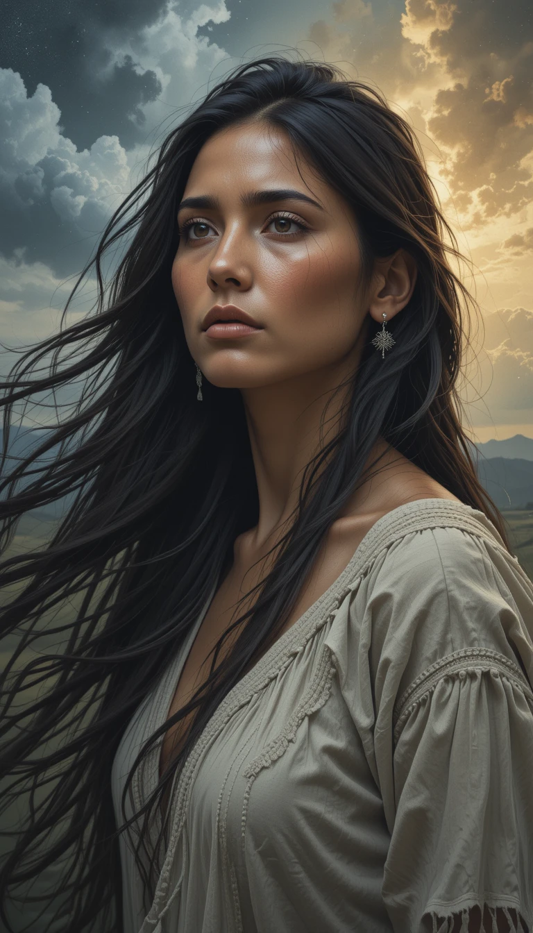Retrato de mulher indígena norte-americana sob um céu tempestuoso