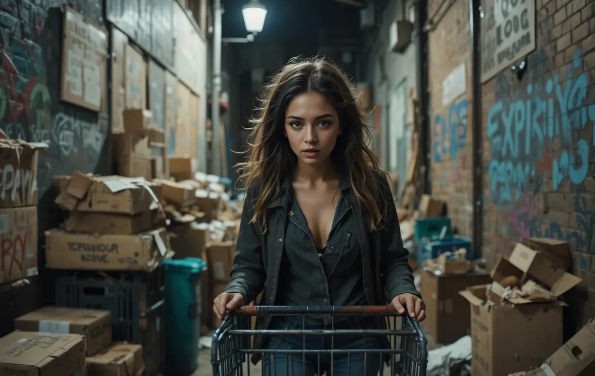 Young homeless woman searching leftovers in dark city alley