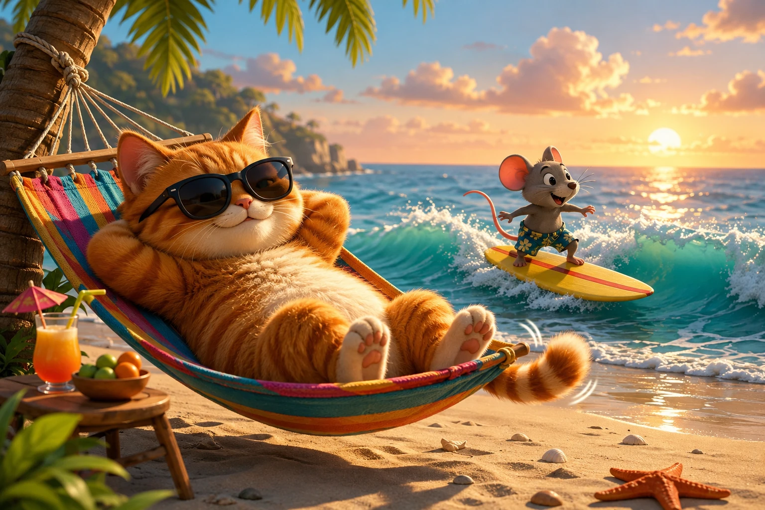 Cartoon-Strandkatze mit Sonnenbrille entspannt in einer Hängematte