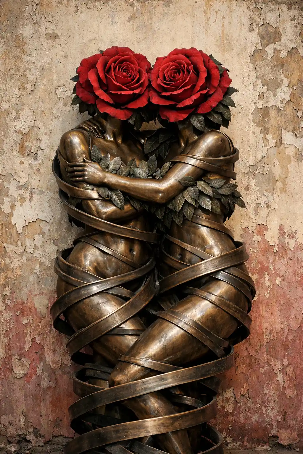 Estátuas femininas de bronze entrelaçadas com rosas diante de parede envelhecida