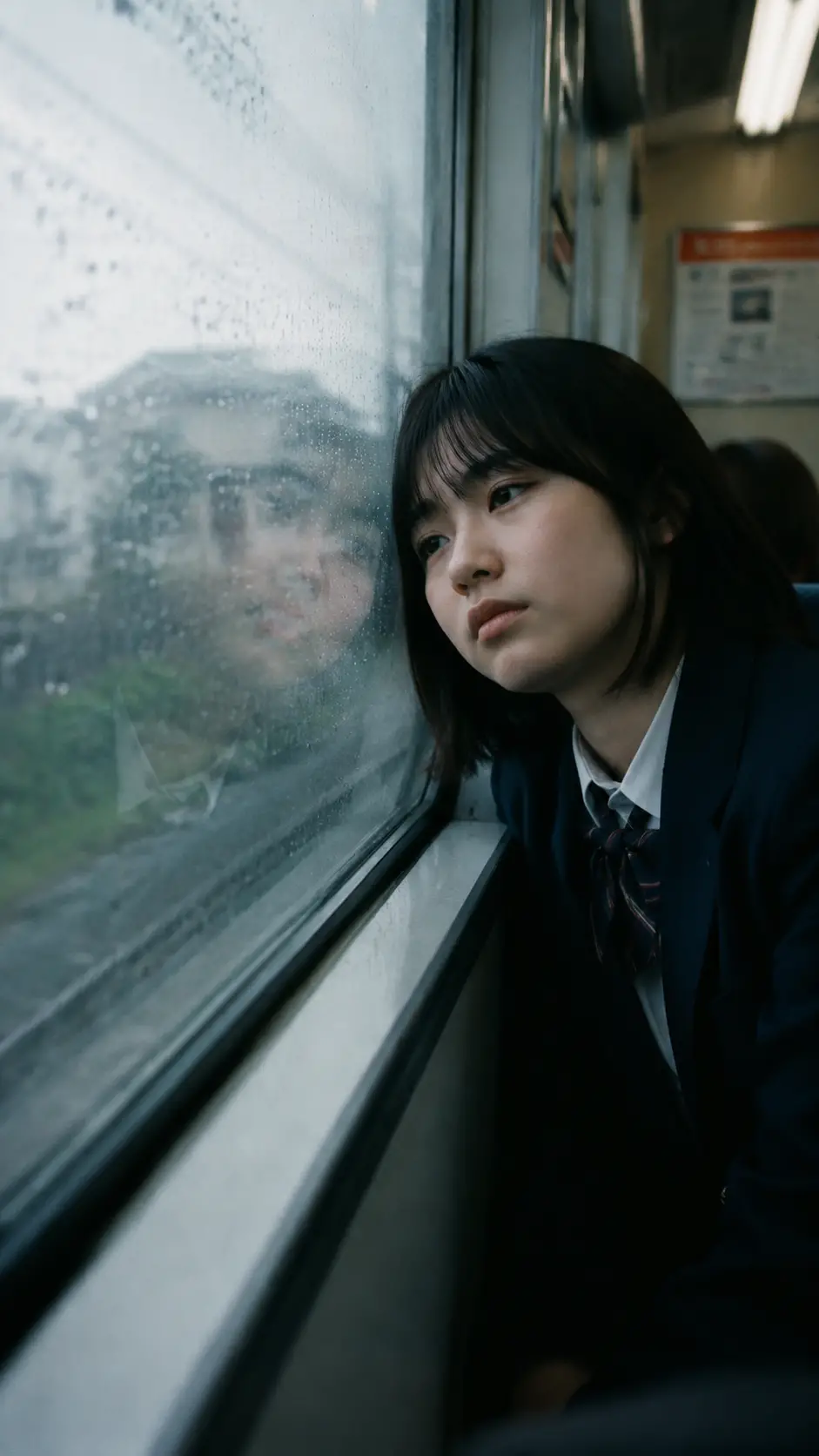 安靜列車上凝視雨中車窗的少女