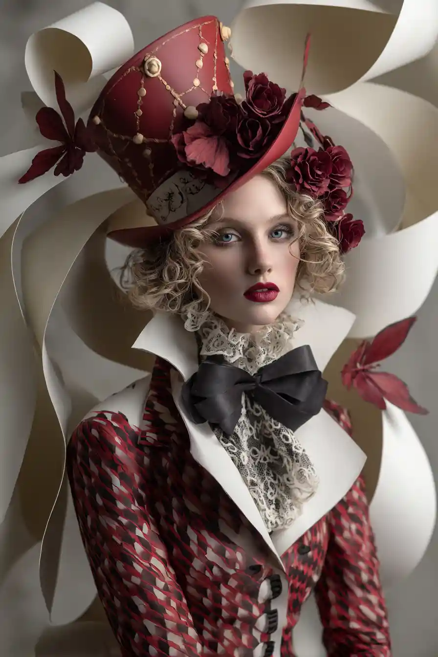 Surreal fashion portrait of elegant woman in sculptural ribbons