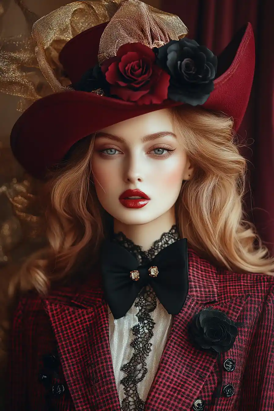 Surreal fashion portrait of a woman in ornate red attire
