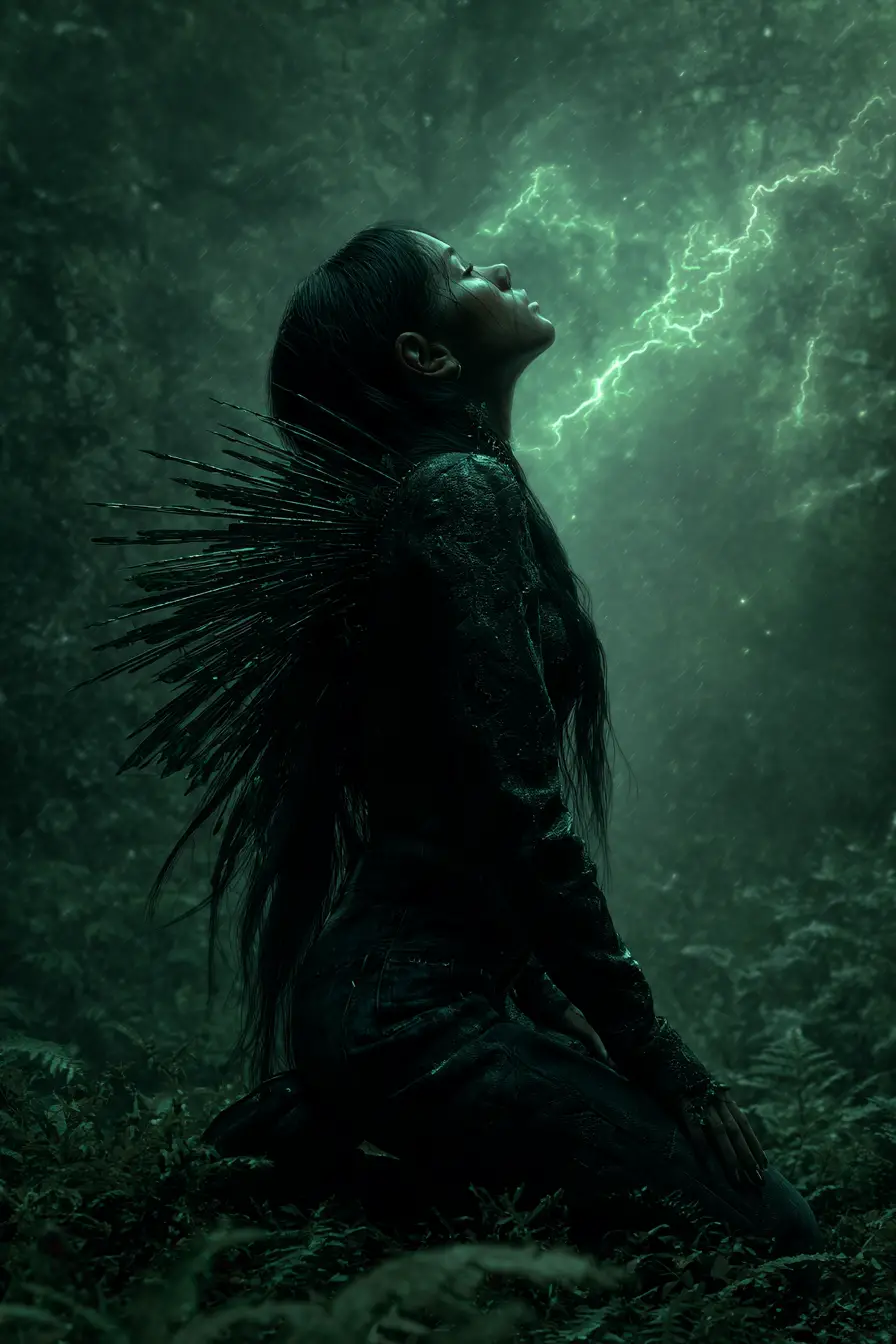 Terrifying woman with thorned back in a stormy dark forest