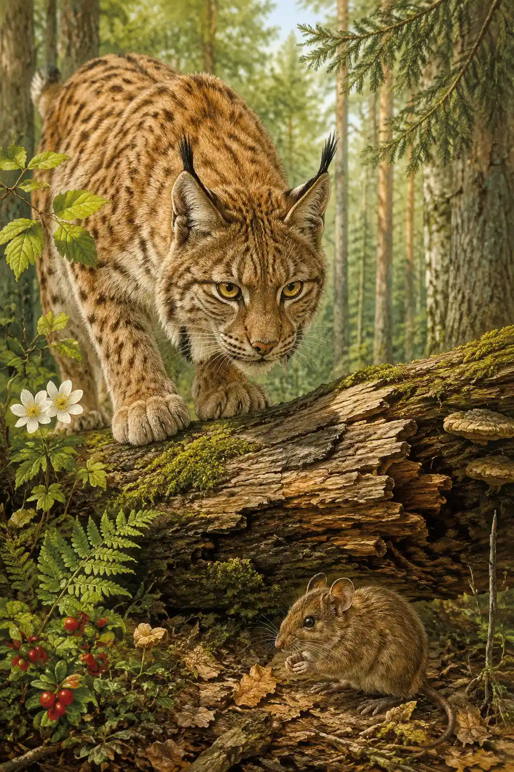 Lince caçando um rato-do-campo em um tronco na floresta