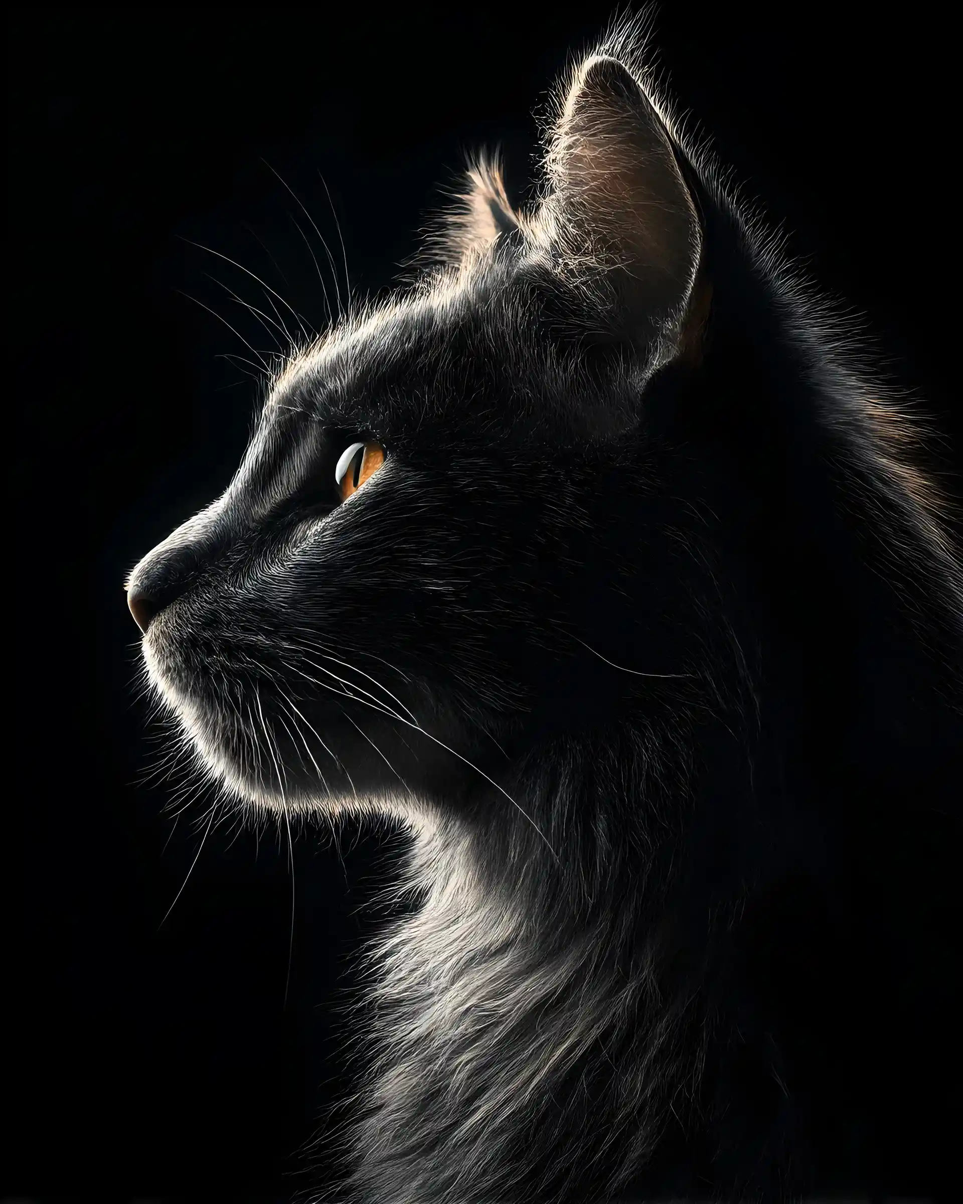 Dramatisches Seitenprofil-Porträt einer Katze im holografischen Licht