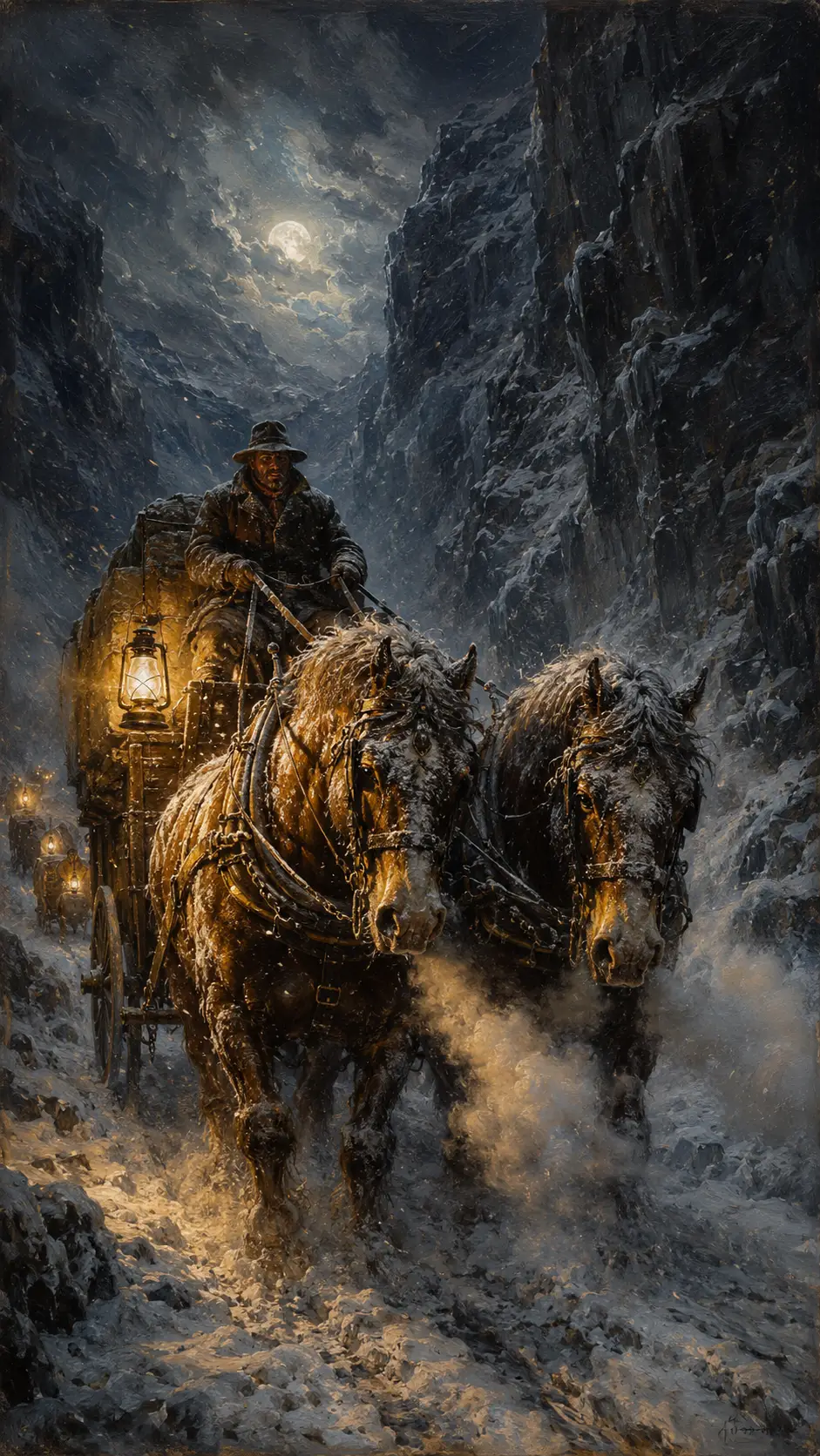 夜色中穿越雪山隘口的開拓馬車