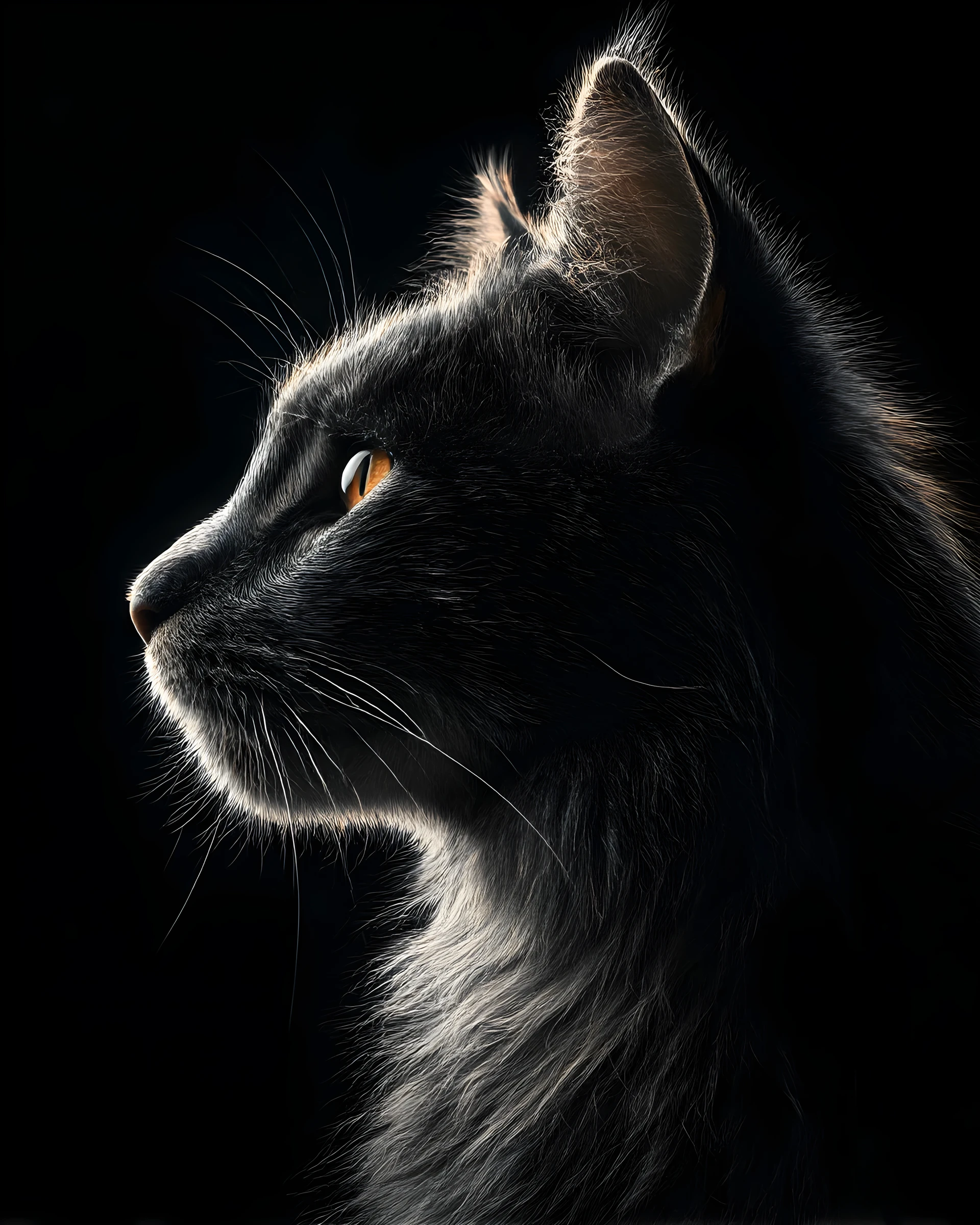 Retrato dramático de perfil lateral de um gato em luz holográfica