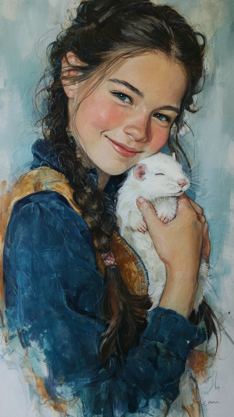 Jovem menina sonhadora com furão branco em retrato acolhedor