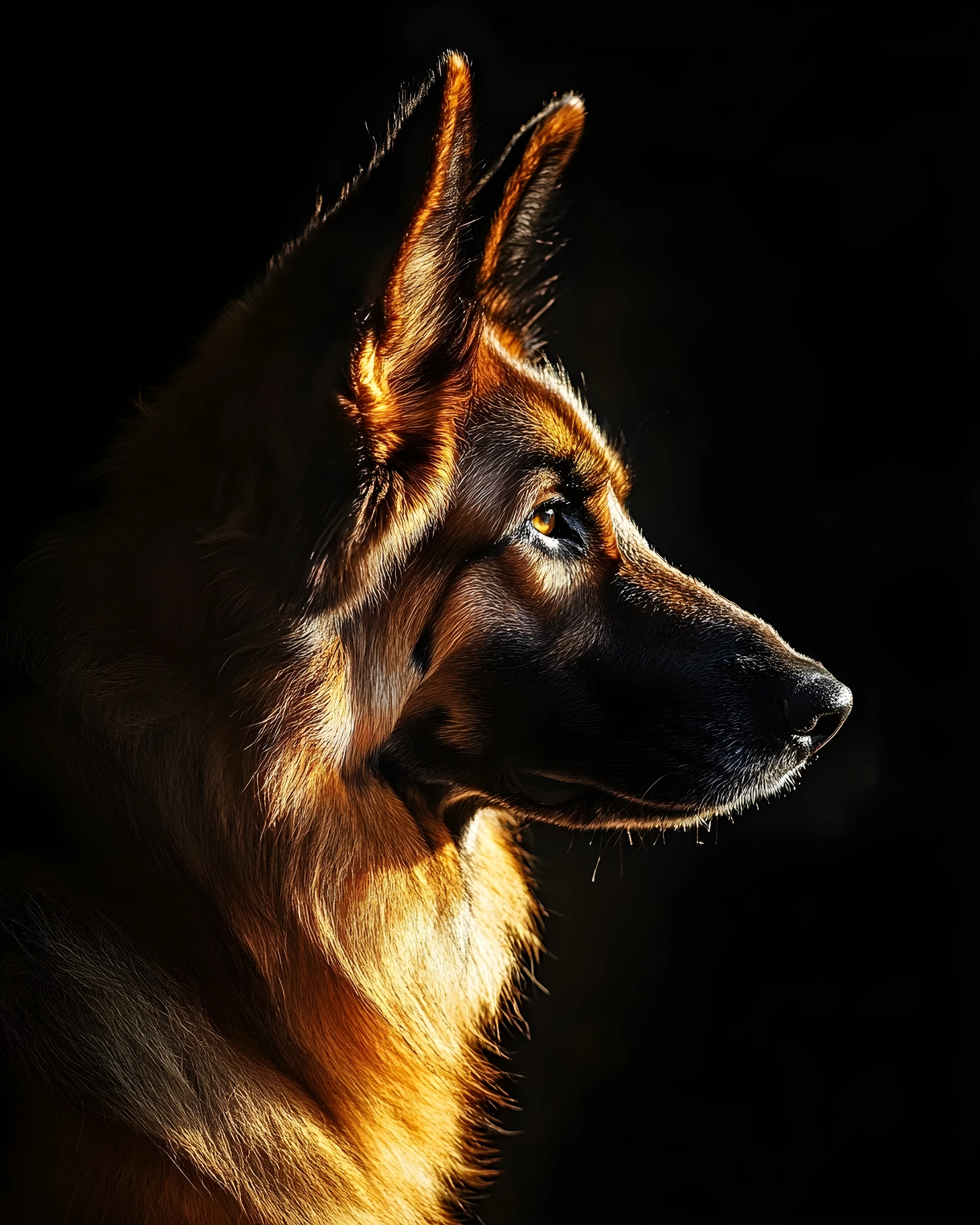 Retrato de perfil de pastor-alemão com contorno dourado de luz