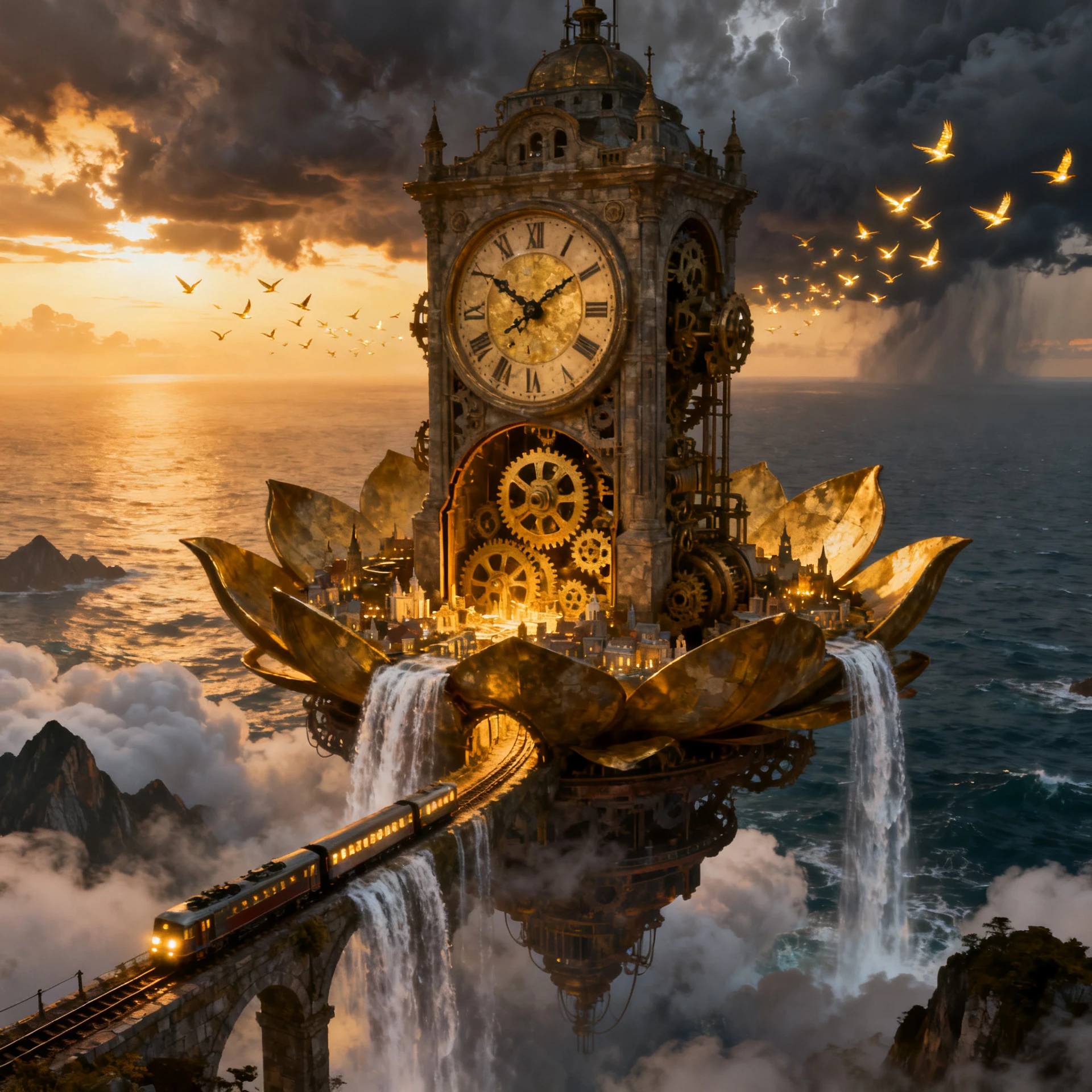 Antiga cidade flutuante de torre de relógio sobre um oceano sem fim