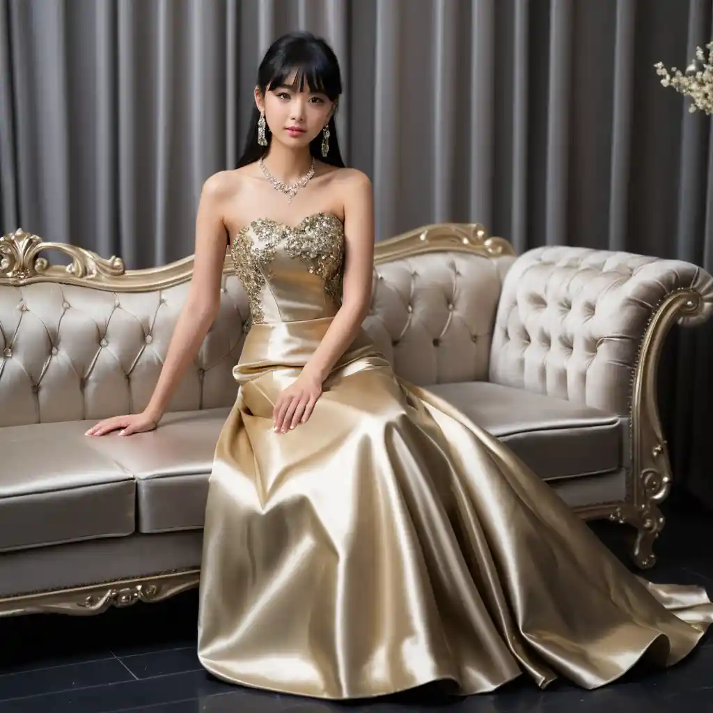 Jovem japonesa elegante em um vestido de noite de cetim dourado