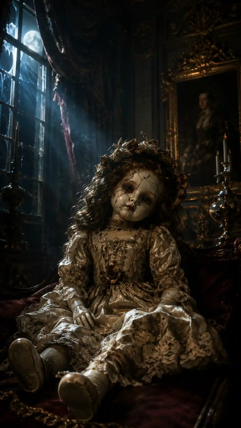 Antique porcelain doll on velvet cushion in baroque chamber