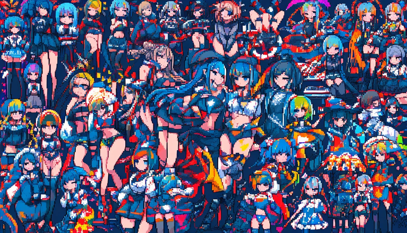 Chicas de anime en una colorida escena de juego en arte píxel