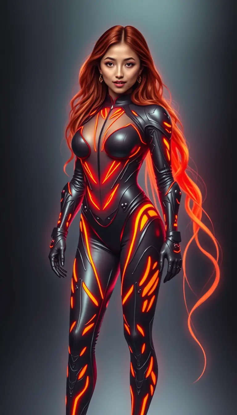 Futuristic fashion woman with glowing neon orange hair