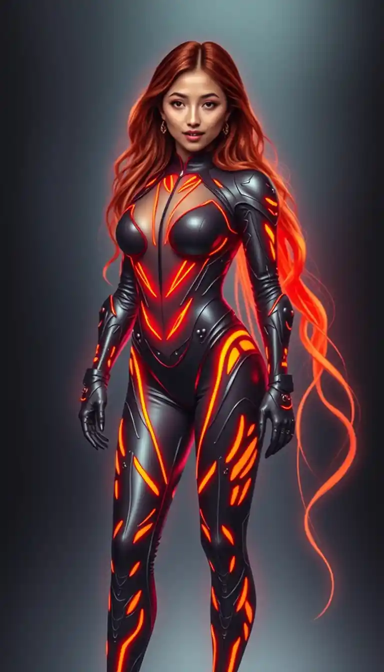 Futuristic fashion woman with glowing neon orange hair