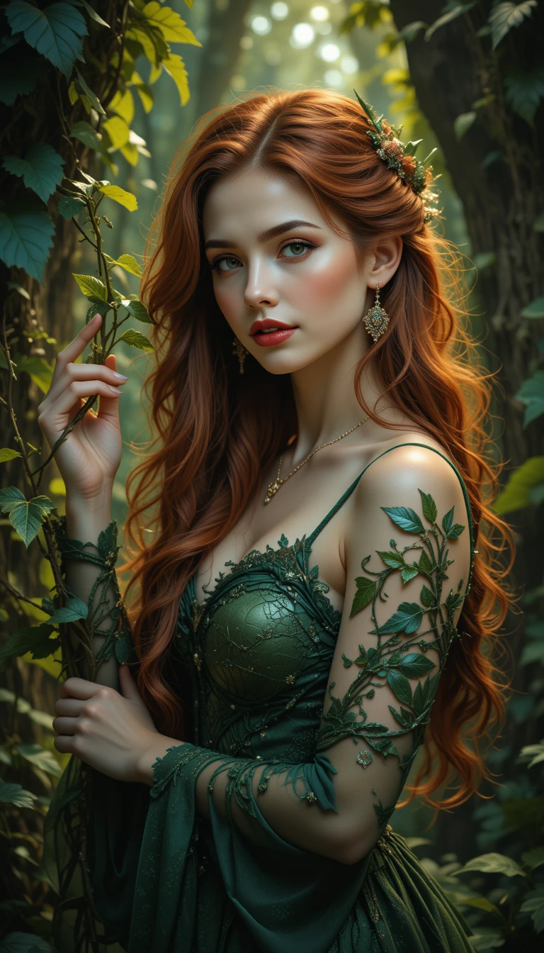 Incantatrice della natura dai capelli rossi in fluido abito di edera verde