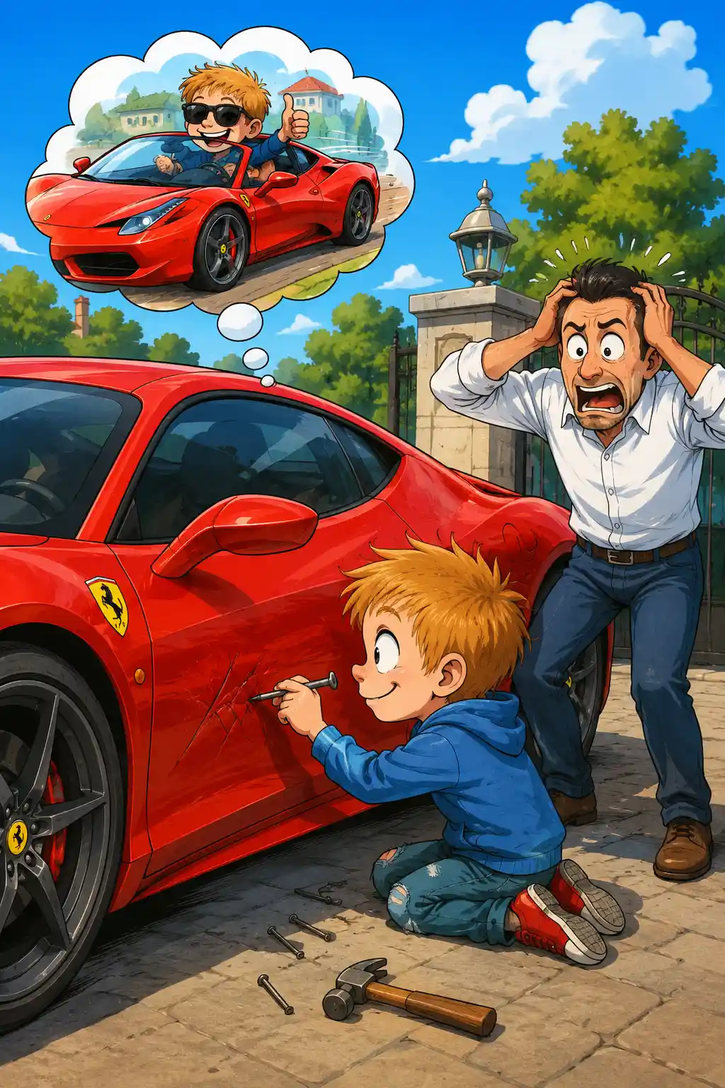 Playful comic illustration of a boy with a red sports car