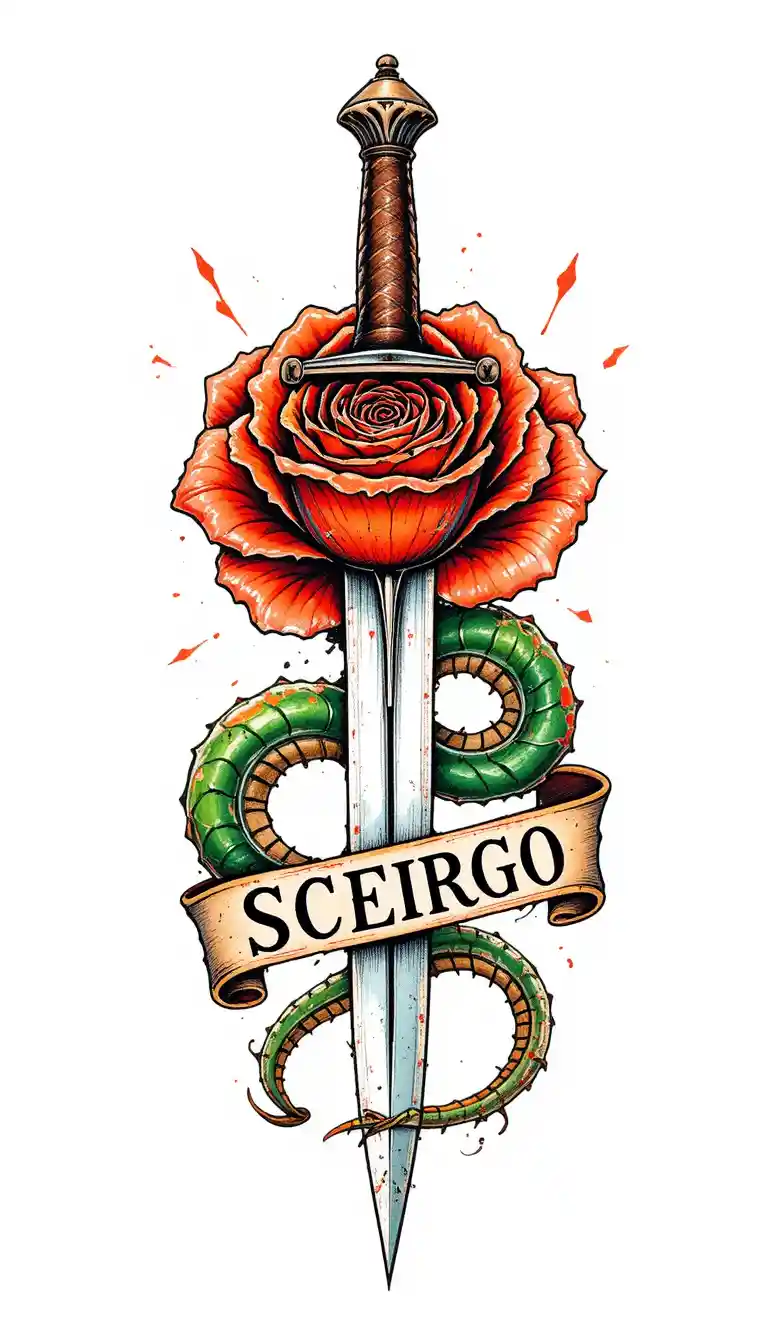 Classic dagger and rose traditional tattoo illustration