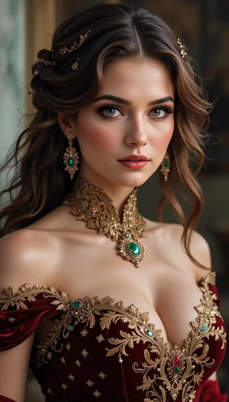 Elegant noblewoman in dark red velvet and gold lace gown