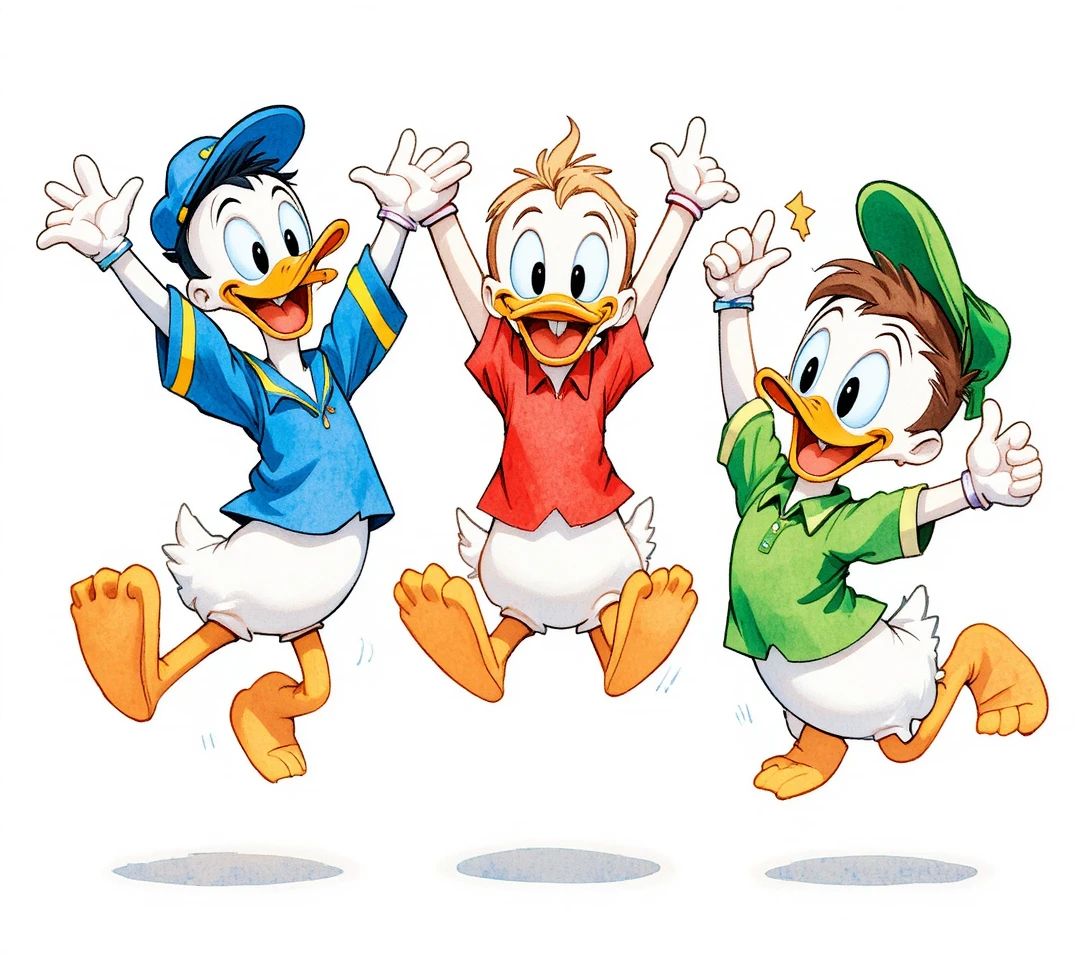 Fröhliches Cartoon-Enten-Trio springt auf weißem Hintergrund