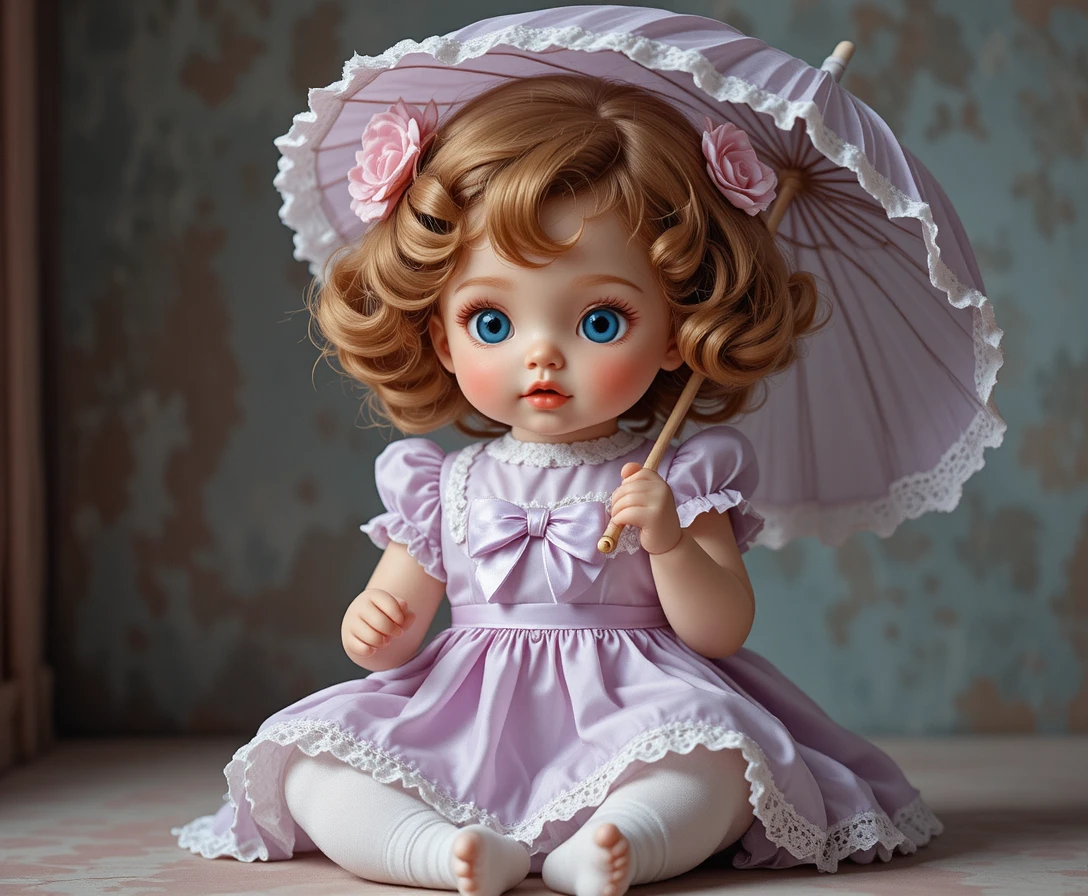 Boneca bebê vintage com sombrinha em ilustração em tons pastéis