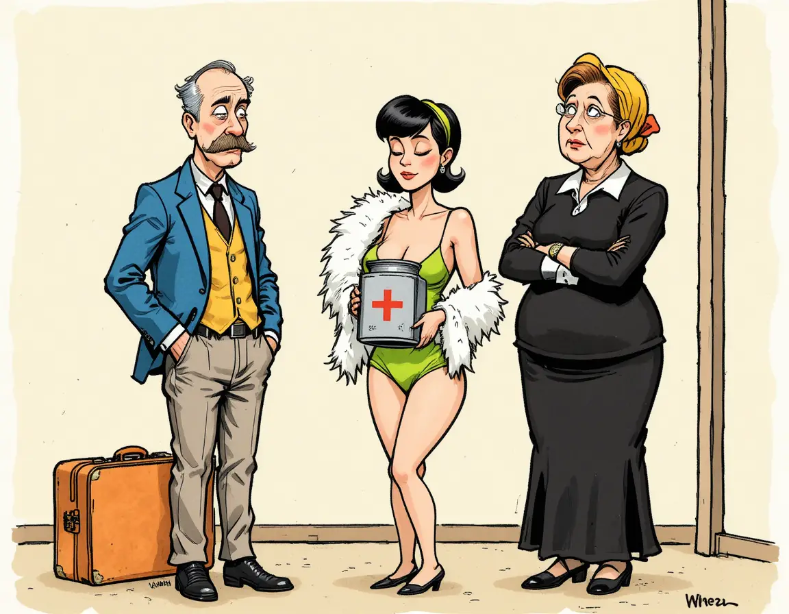 Trois personnages de dessin animé dans un quiproquo financier humoristique