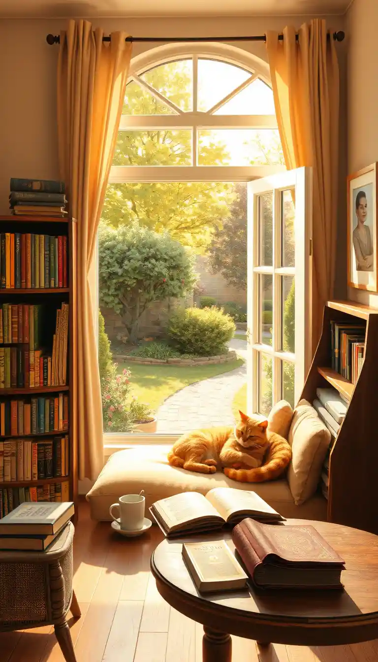 Gemütliche, sonnige Leseecke mit schlafender orangefarbener Katze
