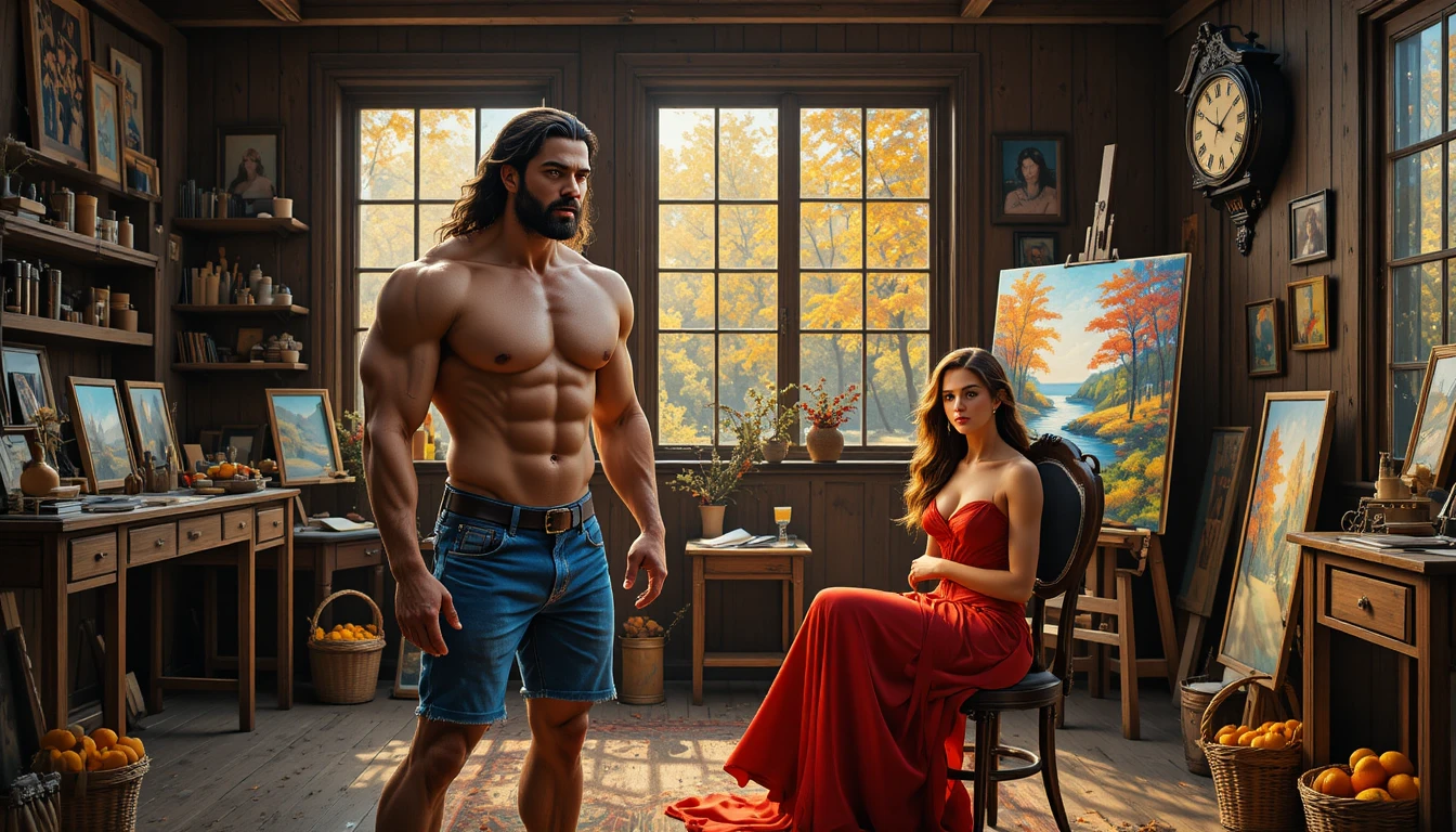 Homem musculoso e mulher elegante em estúdio rústico de artista
