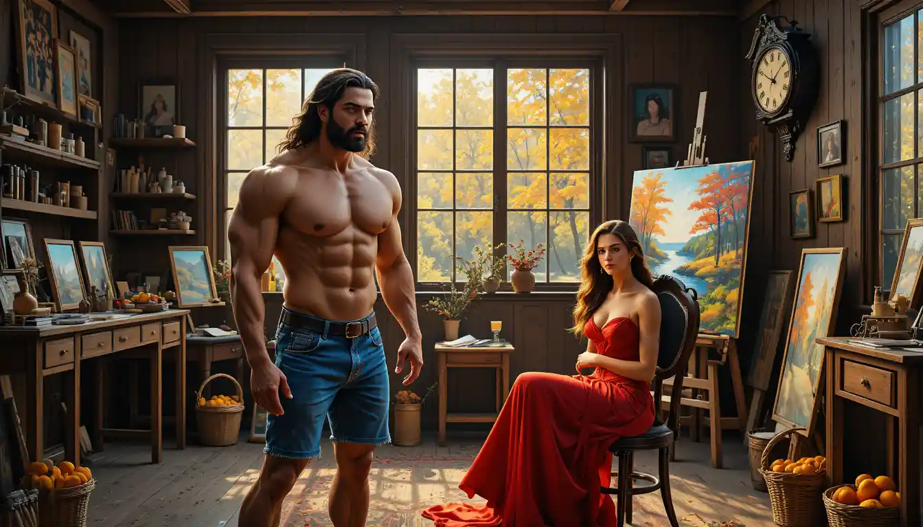 Homem musculoso e mulher elegante em estúdio rústico de artista