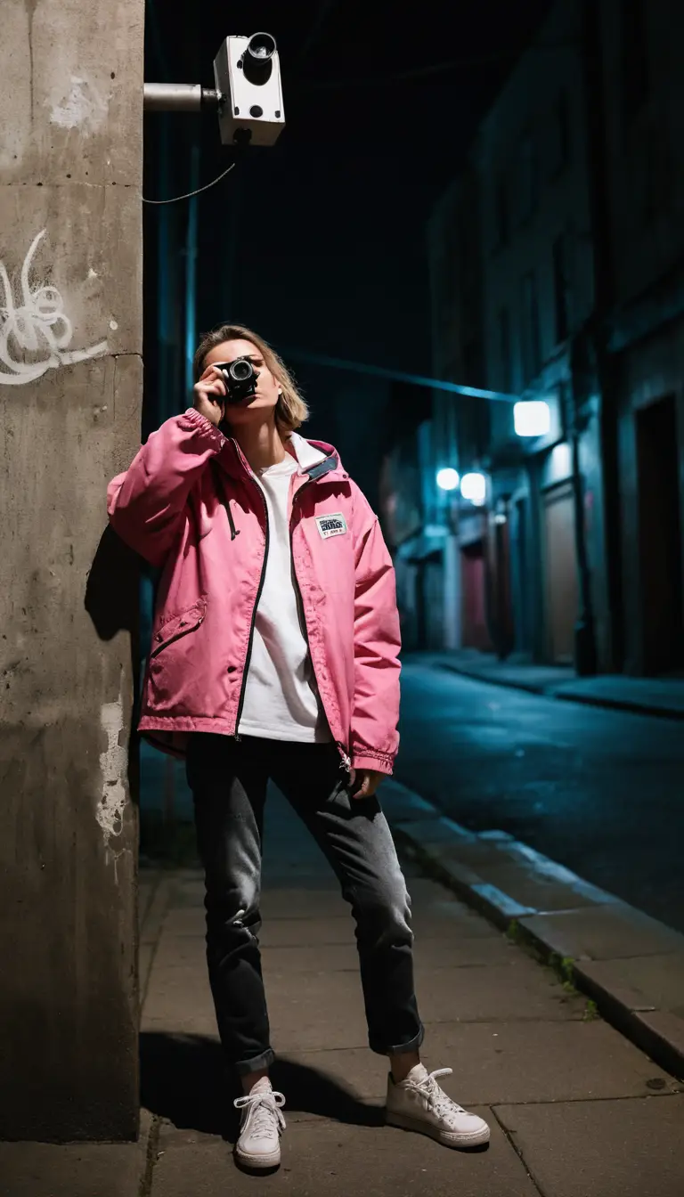 Woman leaning against pole in gritty night alleyway