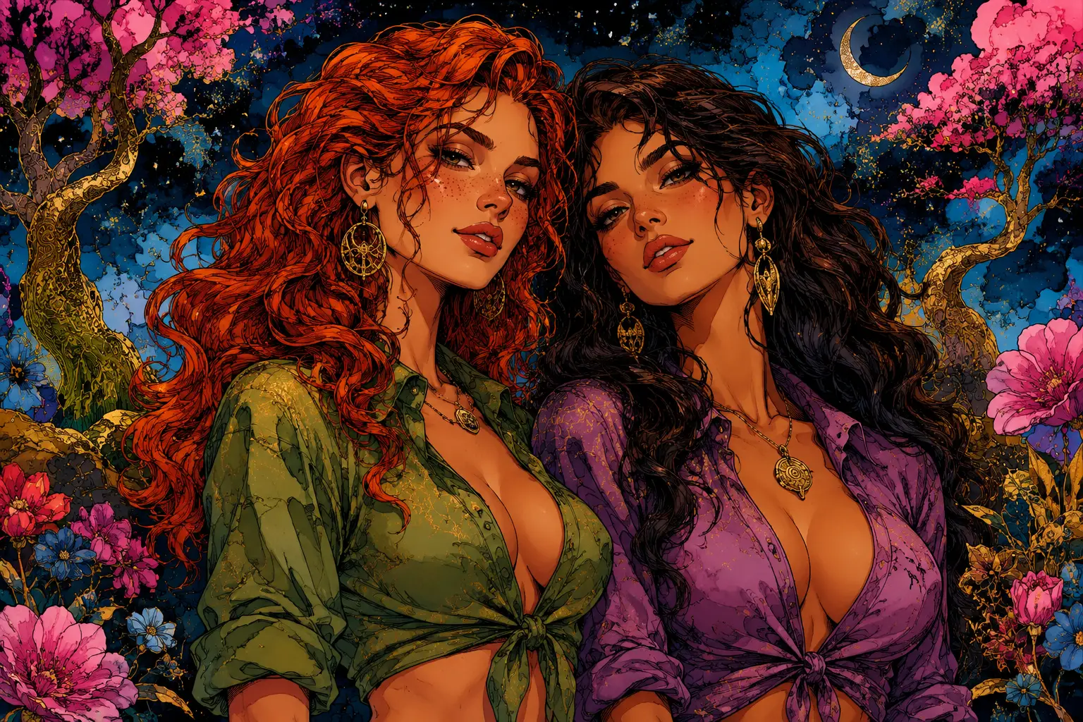 Retrato en primer plano de dos mujeres fantásticas en un jardín