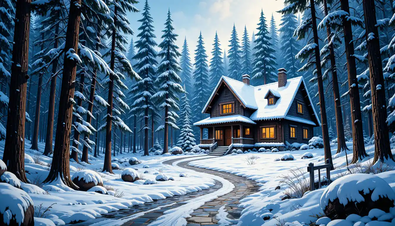 Aconchegante cabana de inverno em uma floresta nevada e silenciosa