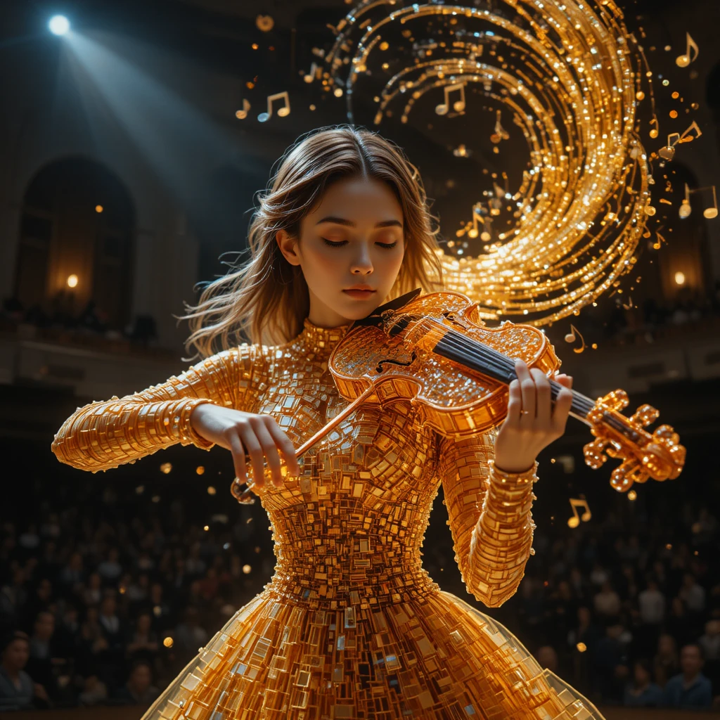 戲劇聚光燈下演奏金色積木小提琴的女孩