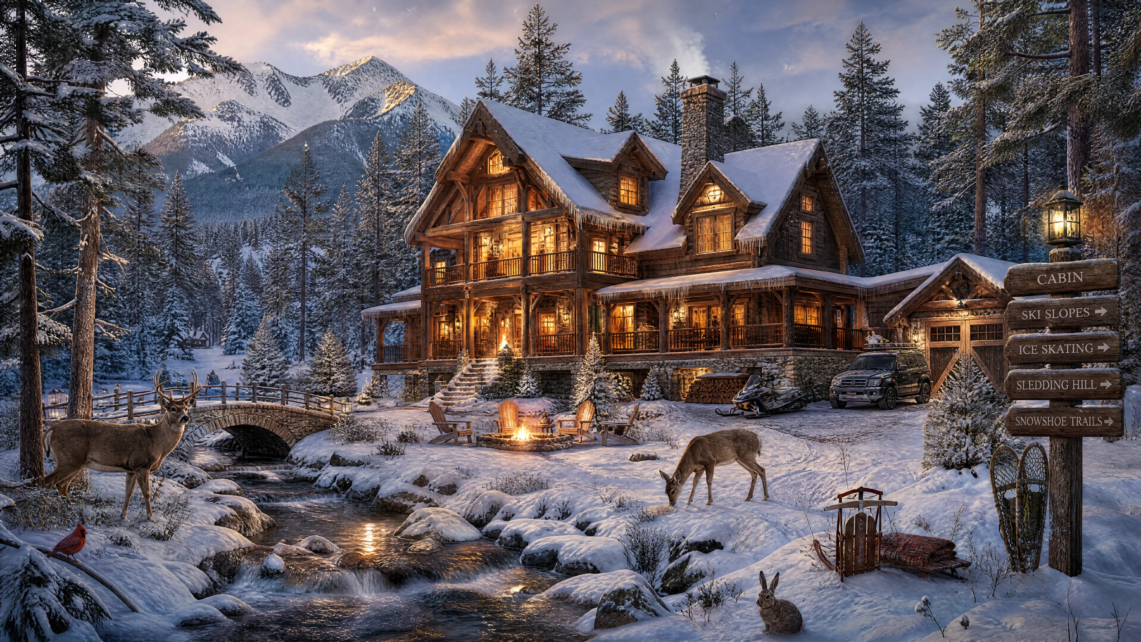 Cozy winter cabin in a snowy forest with animals nearby
