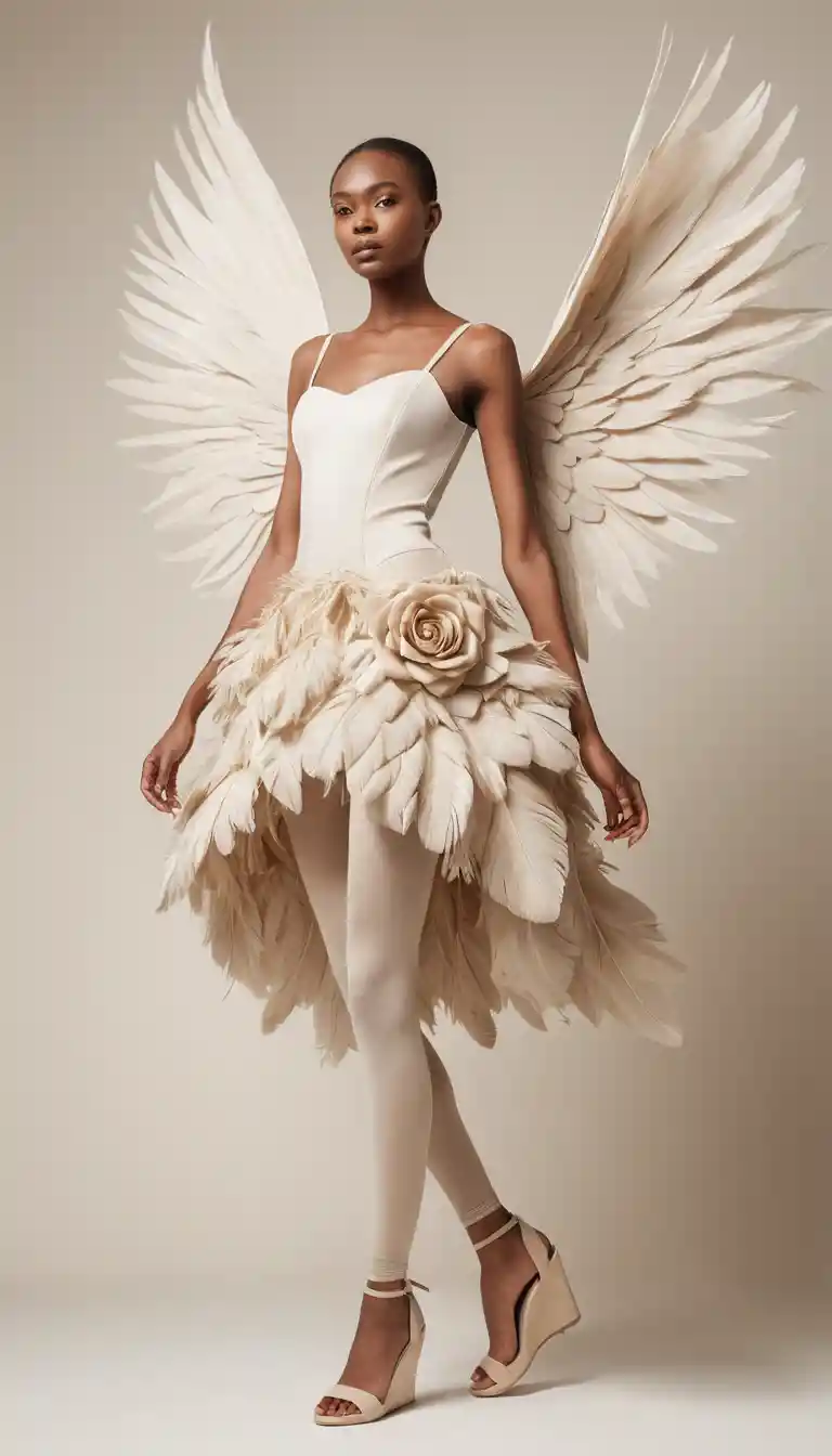 Angel winged model in sculptural cream fashion pose
