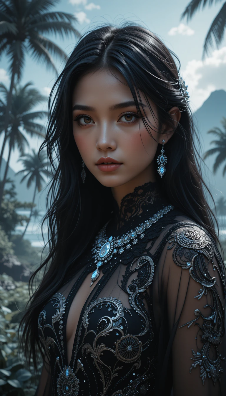 Retrato de fantasia de uma mulher em um vestido fractal preto