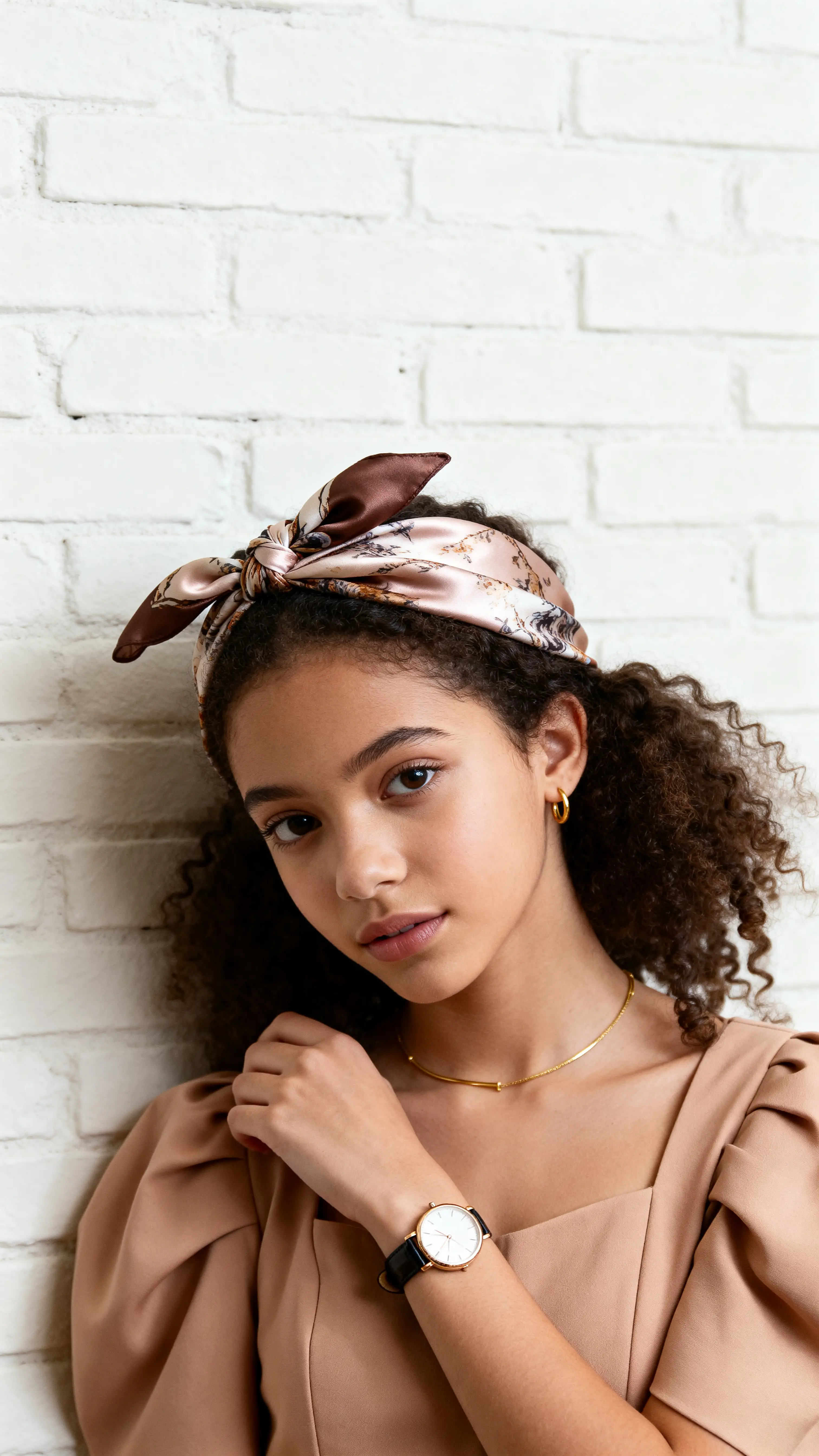 Jeune fille pensive posant devant un mur de briques blanches